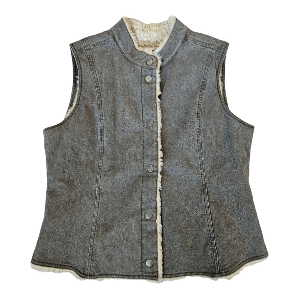 J. Jill Sherpa Lined Snap Front Vest Womens Medium Paisley Faux Fur‎ Stretch